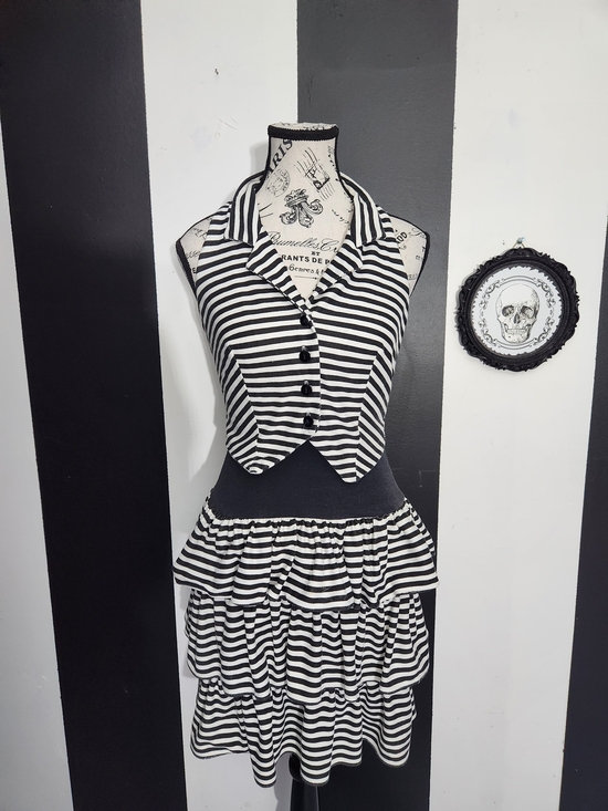 Vintage Dresses & Skirts - Vintage Black & White Striped Tiered Mini Dress Set